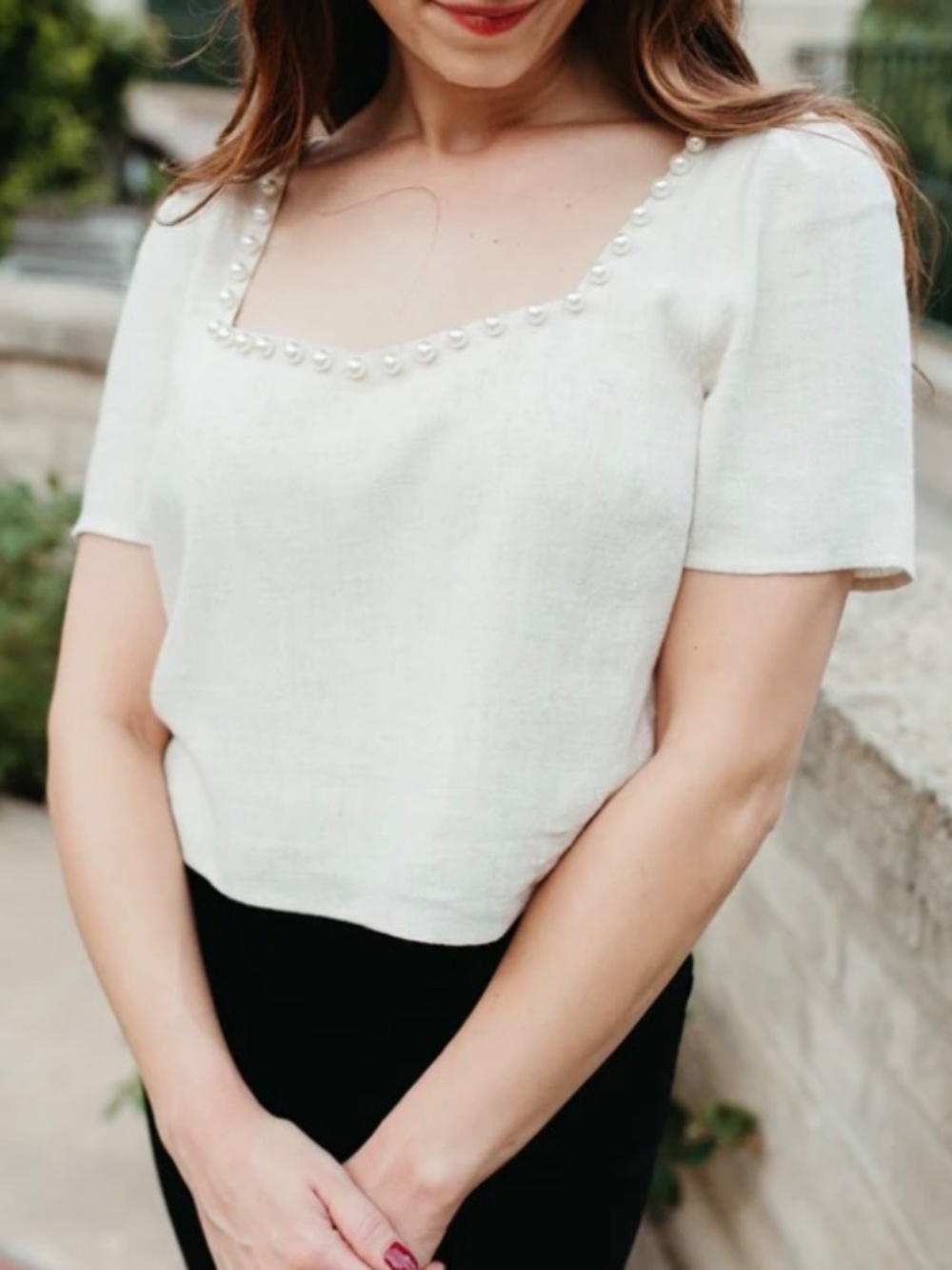 Lucy Paris Beige Blouse M Pearl Frame Neck Minimalist French Girl Coquette New